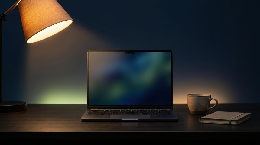 Laptop on a desk under warm light — Edyst learning content