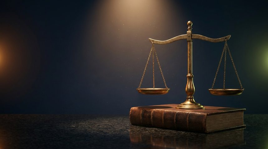 Brass scales of justice on a law book — Legistify legal-tech