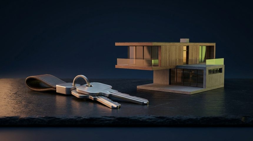 House keys and a modern home model — Renterio proptech